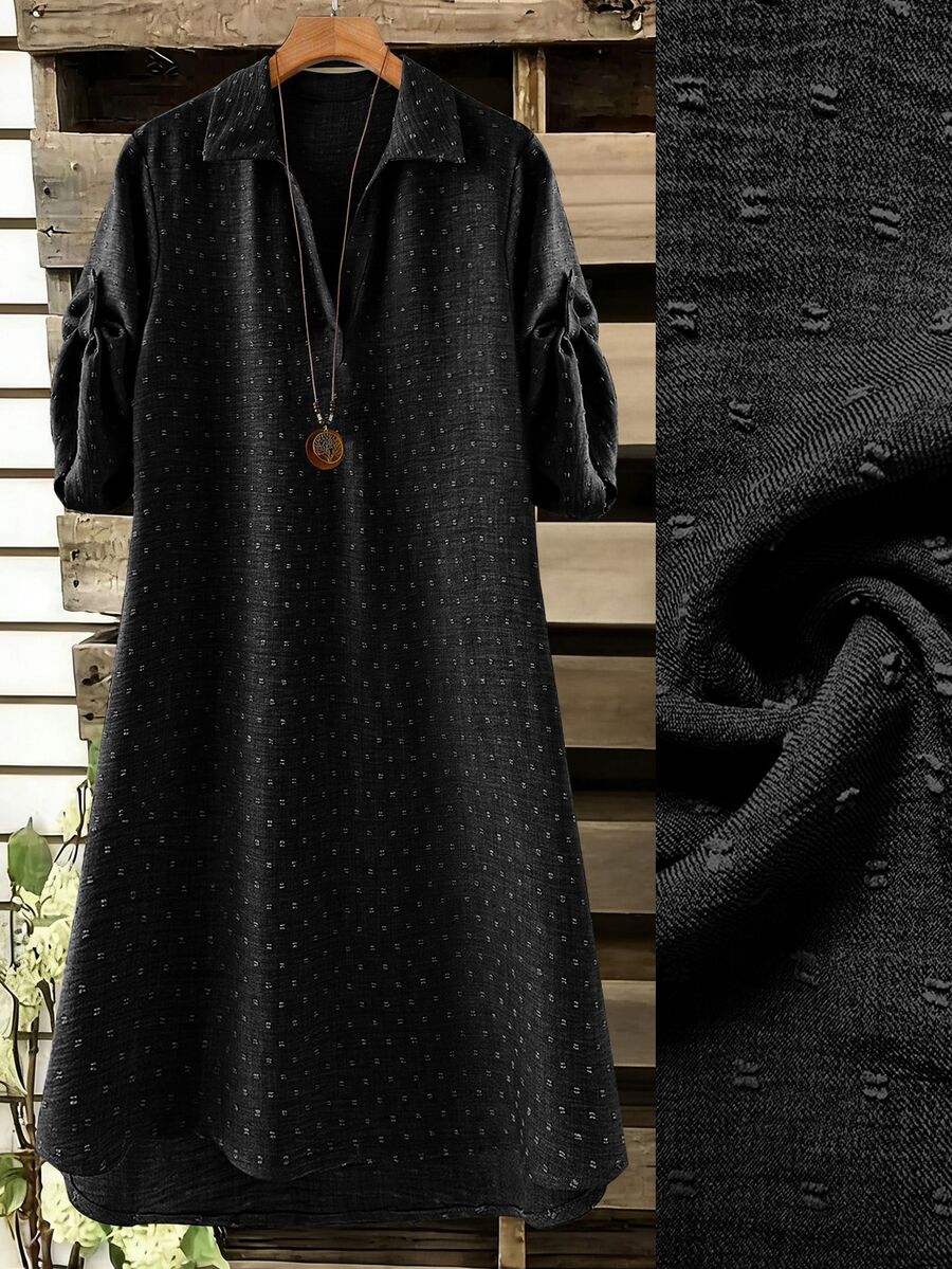 SHEIN 大尺碼女款法式休閒優雅V領長袖洋裝 - 黑色 - 查看 1