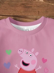 Peppa Pig X SHEIN Young Girl Letter Print Crew Neck Long Sleeve Sweatshirt And Pants Casual Set - White - View 4