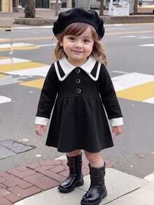 SHEIN Baby GirlAcademy Style Black & White Long Sleeve Collared Dress - Black - View 3