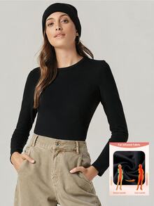 SHEIN BASICS تي شيرت نسائي بلون موحد برقبة دائرية وأكمام طويلة كاجوال متعدد الاستخدامات - أبيض - مشاهدة 2