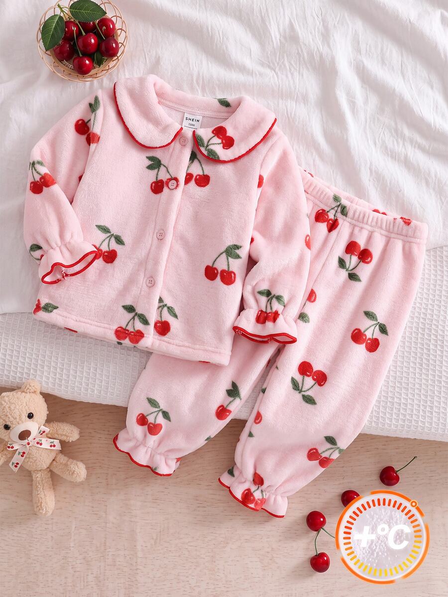 SHEIN 2件組 粉色毛絨櫻桃圖案嬰兒女童睡衣 - 粉色 - 查看 1