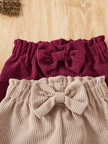 SHEIN Vintaside Kids 2件組幼童女童燈芯絨長褲 可愛甜美 紅酒色與米色 蝴蝶結 羅紋彈性腰頭 常規版 假日秋季公主風 舒適時尚 - 彩色 - 查看 6