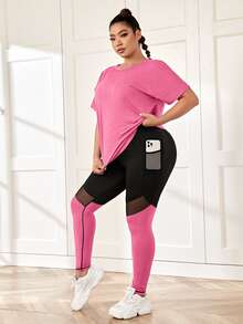 SHEIN Rhythm Era Träningsset för kvinnor i plus size med sport-T-shirt och sportleggings med meshdetaljer och mobilficka - Rosa - Visa 4