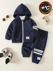 SHEIN 2件組嬰兒男孩女孩運動休閒日常舒適白色字母裝飾與白色條紋海軍藍寬鬆連帽開襟運動衫與長褲套裝，適合外出、上學、日常運動，秋冬款 - 藏蓝色 - 查看 3