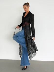 Siren Gaze Women's Solid Color Lapel Neck Long Sleeve Contrast Lace Front Tie Elegant Blazer,Fall/Winter Elegant Formal Luxury Business Chic Basic - Black - View 4