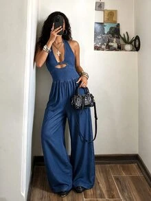 StreetHx Women's Deep V-Neck Buckle Design Sexy Halter Wide Leg Denim Jumpsuit - Blue - View 6