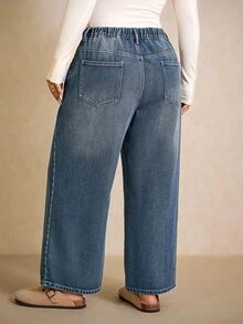 SHEIN MOD Celana Jeans Denim Kasual Sehari-hari Wanita Ukuran Besar dengan Saku dan Kancing - Medium Wash - View 3