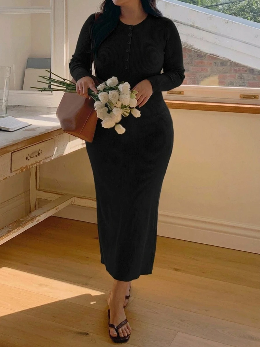 Dazy Plus Elegant Versatile Autumn/Winter New Fitted Half-Button Mid-Length Sweater Dress - Black - View 1