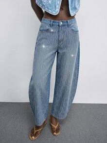 SHEIN MOD Celana Jeans Denim Kasual Longgar Wanita dengan Saku dan Hiasan Berlian Imitasi di Bagian Bawah yang Melengkung - Medium Wash - View 3