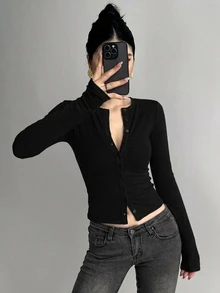 DAZY 女款半開襟前領長袖修身貼身T恤 - 黑色 - 查看 4