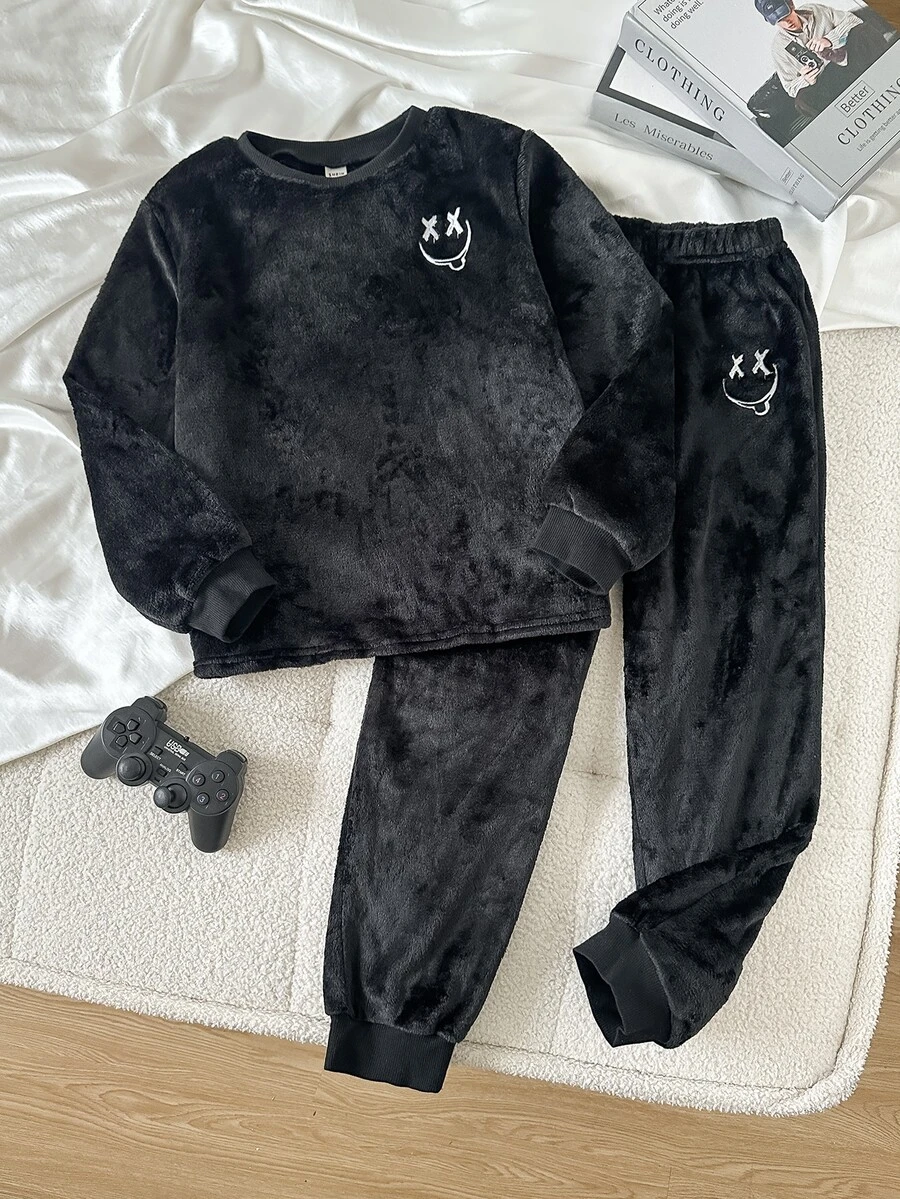 SHEIN 青少年男孩秋冬長袖上衣與長褲舒適居家休閒睡衣兩件套,遊戲控制器印花圖案 - 黑色 - 查看 1
