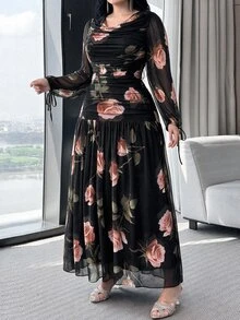 Feyla Plus Size French Floral Print Cowl Neck Pleated Dress - Multicolor - View 4