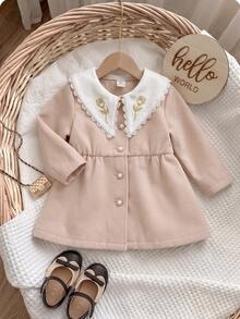 SHEIN Cute Colorblock Peter Pan Collar Long Coat For Baby Girls - Apricot - View 5
