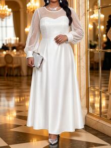 Fleurora Women Plus Size Contrast Mesh Beaded Decor Round Neck Long Sleeve Dress - Khaki - View 3