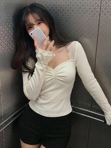 DAZY Contrast Lace Fitted Long Sleeve Square Neck Elegant Casual Vacation Korean Style Spring Autumn Women's T-Shirt - White - View 4