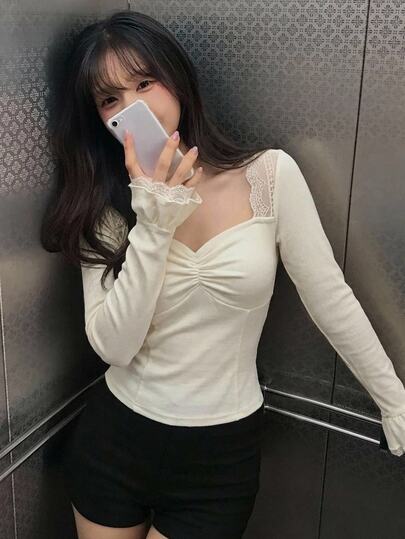 DAZY Contrast Lace Fitted Long Sleeve Square Neck Elegant Casual Vacation Korean Style Spring Autumn Women's T-Shirt