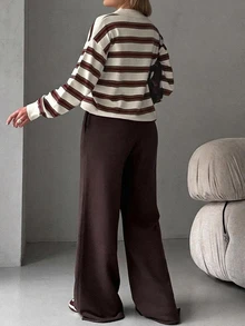 Dazy Plus Sweater Vintage Bergaris dengan Kerah Lipat Motif Patchwork Blok Warna untuk Musim Gugur - Coklat - View 2