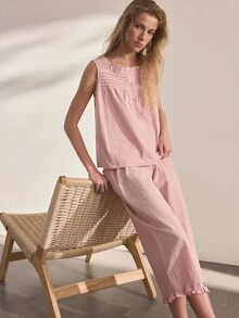 Ocili 女款純色上衣與長褲休閒日常居家服套裝 - 粉色 - 查看 4