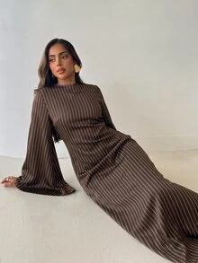Aloruh 女款優雅收腰繫帶條紋洋裝，百搭條紋秋冬洋裝 - 棕色 - 查看 8