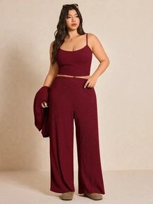 Elaquor 大尺碼女款純色細肩帶上衣、長褲與開襟衫休閒套裝 秋季 - 紅色 - 查看 6