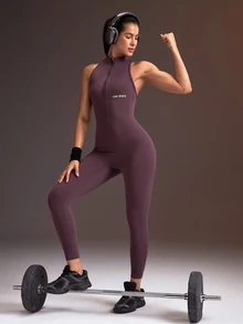 Powerista بدلة رياضية نسائية بدون أكمام بتصميم كتل لونية وفتحة خلفية وسحاب أمامي - الأرجواني - مشاهدة 2