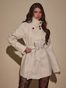 SHEIN BAE Women's Elegant Button High Neck Long Sleeve Overcoat - Apricot - View 3