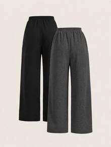 SHEIN EZwear 2件裝黑色與灰色大尺碼女款綁帶腰長褲 - 灰色 - 查看 2