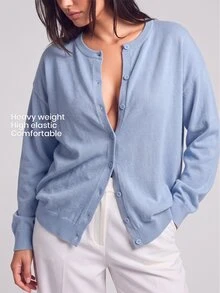 YARNWELL Plus Size Solid Color Minimalist Versatile Single-Breasted Long Sleeve Knit Cardigan Fall - Teal Blue - View 3
