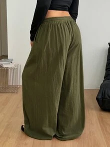 Coolane 女款大尺碼夏秋外出度假正裝休閒優雅波西米亞風套裝 棉質抽繩腰橄欖綠長褲 - 軍綠色 - 查看 6