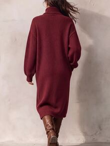 LUMIGAL Women's Solid Color Split Design Casual Party Knit Dress - Burgundy - View 2