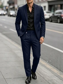 Manfinity Mode Men's Slim Fit Suit Set,Elegant Black Summer Formal Two-Pieces Blazer And Trousers For Dinner,Business,Wedding,Old Money Style Classic Suits,Ceremony - Navy Blue - View 1