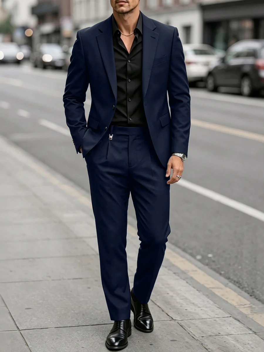 Manfinity Mode Men's Slim Fit Suit Set,Elegant Black Summer Formal Two-Pieces Blazer And Trousers For Dinner,Business,Wedding,Old Money Style Classic Suits,Ceremony - Navy Blue - View 1