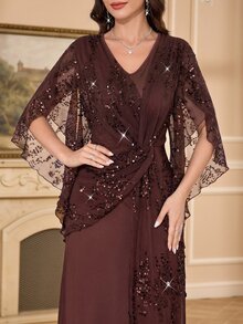 Amorya Women's Patchwork Sequin Mesh Elegant Glamorous Long Dress - Coffee Brown - View 4