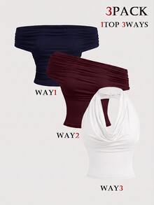 SHEIN MOD 女款三種穿法休閒純色修身上衣，夏季適用，垂領上衣、露肩上衣，美學風格，適合音樂節、鄉村風穿搭、海灘度假、茶會、端莊風格、舞會上衣，可愛上衣 - 酒紅色 - 查看 2