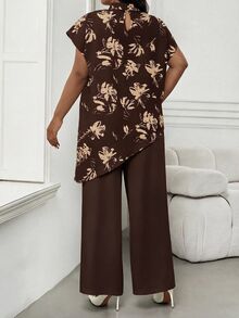 SHEIN Lady 大尺碼女款花卉印花休閒日常穿著上衣 - 棕色 - 查看 2
