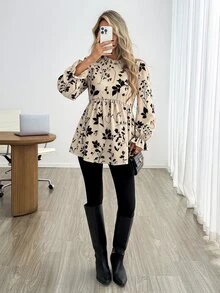 Easowa 女款休閒花卉葉片秋季印花秋冬日常基本襯衫，女款秋季服飾，優雅，女款職場穿搭，鄉村風，時尚 - 彩色 - 查看 2