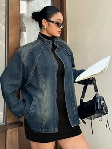 Dazy Plus Plus Size Women's Casual Daily Vintage Denim Jacket - Dark Wash - View 6