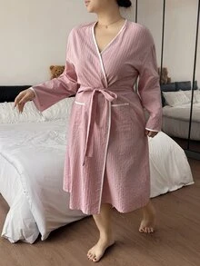 Napfluff CURVE Napfluff CURVE Minimalist Contrast Trim Tie Waist Plus Size Double Pocket Women's Robe - Pink - View 6