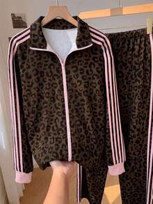 SHEIN EZwear 大尺碼女款豹紋拼色長袖上衣與長褲休閒日常套裝 - 彩色 - 查看 8