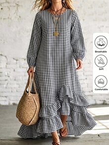 Linhara CURVE 2026新款大尺碼休閒條紋圓領長袖燈籠袖拼接荷葉邊女款長洋裝 - 黑與白 - 查看 3