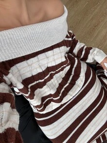 POPSWAY Autumn/Winter Design Cold Shoulder Grey Striped Knit Skirt And Sweater Set Fall Formal Travel Elegant Casual - Multicolor - View 4