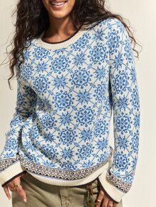 SHEIN 北歐復古波希米亞風 Fair Isle 提花女款寬鬆圓領厚針織套頭毛衣，米白色，適合聖誕、日常、旅行、秋季 - 藍色 - 查看 5