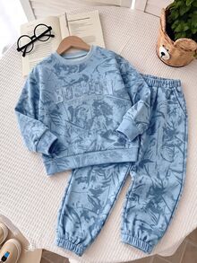 Boys' Autumn/Winter Long Sleeve Cuffed Pants 2 Pieces Set & Crew Neck Top With BOSTON 3D Embossed Lettering And Matching Tapered Pants With Subtle Pattern, Creating A Perfect Coordinated Look & A Low-Key Outdoor Casual Outfit For Boys - Multicolor - View 3