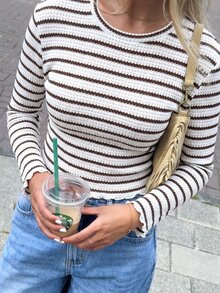 SHEIN Frenchy 女款條紋圓領長袖荷葉邊休閒T恤 - 彩色 - 查看 5