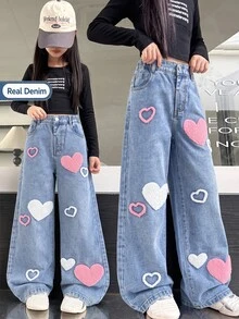 SHEIN Genkimix Kids 少女心形圖案口袋直筒休閒日常穿著牛仔褲 - 淺色水洗藍 - 查看 3