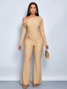 SOLERSUN Women Elegant OneShoulder Ruched Jumpsuit,Long Sleeve Metal Buckle Detail Flare Leg Formal Romper For Wedding Guest Evening Party Holiday Occasion - Khaki - View 3