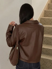 DAZY 女款純色寬鬆翻領長袖休閒街頭風秋冬皮革夾克 - 棕色 - 查看 3