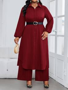 SHEIN Lady 秋冬休閒優雅上班穿搭 海軍藍梭織襯衫領主教袖口袋長袖大尺碼套裝 感恩節女裝兩件套 秋季服飾 曲線優雅感恩節女裝套裝 - 酒紅色 - 查看 4