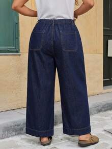 SHEIN MOD Plus Size Women's Casual Daily Travel Denim Jeans With Pockets - Dark Wash - View 2