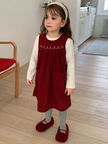 Hapijoa Young Girl) Sleeveless Colorblock A-Line Cute Stylish Corduroy Pocket Tank Dress - Burgundy - View 5